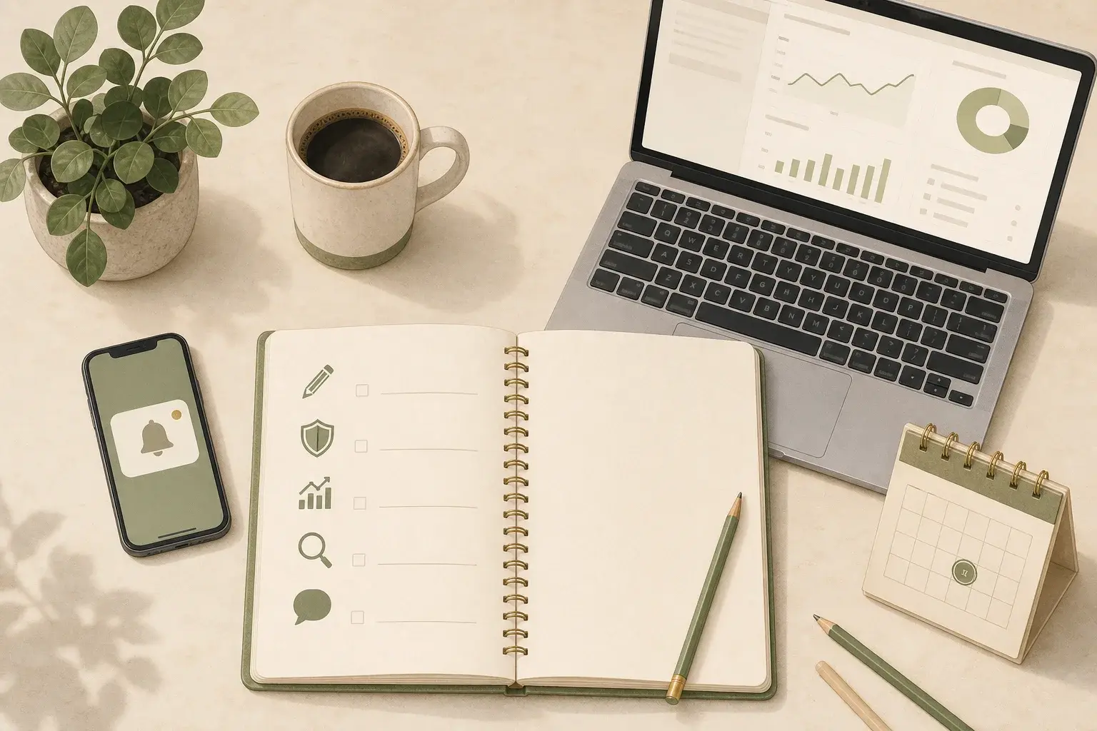 俯瞰個人工作桌，筆記本翻到 checklist 頁含 5 個小圖示（鉛筆、盾牌、圖表、放大鏡、對話框）、手機、筆電儀表板、咖啡、月曆、小植栽，象徵一人創業者每月 4 小時的網站維運節奏