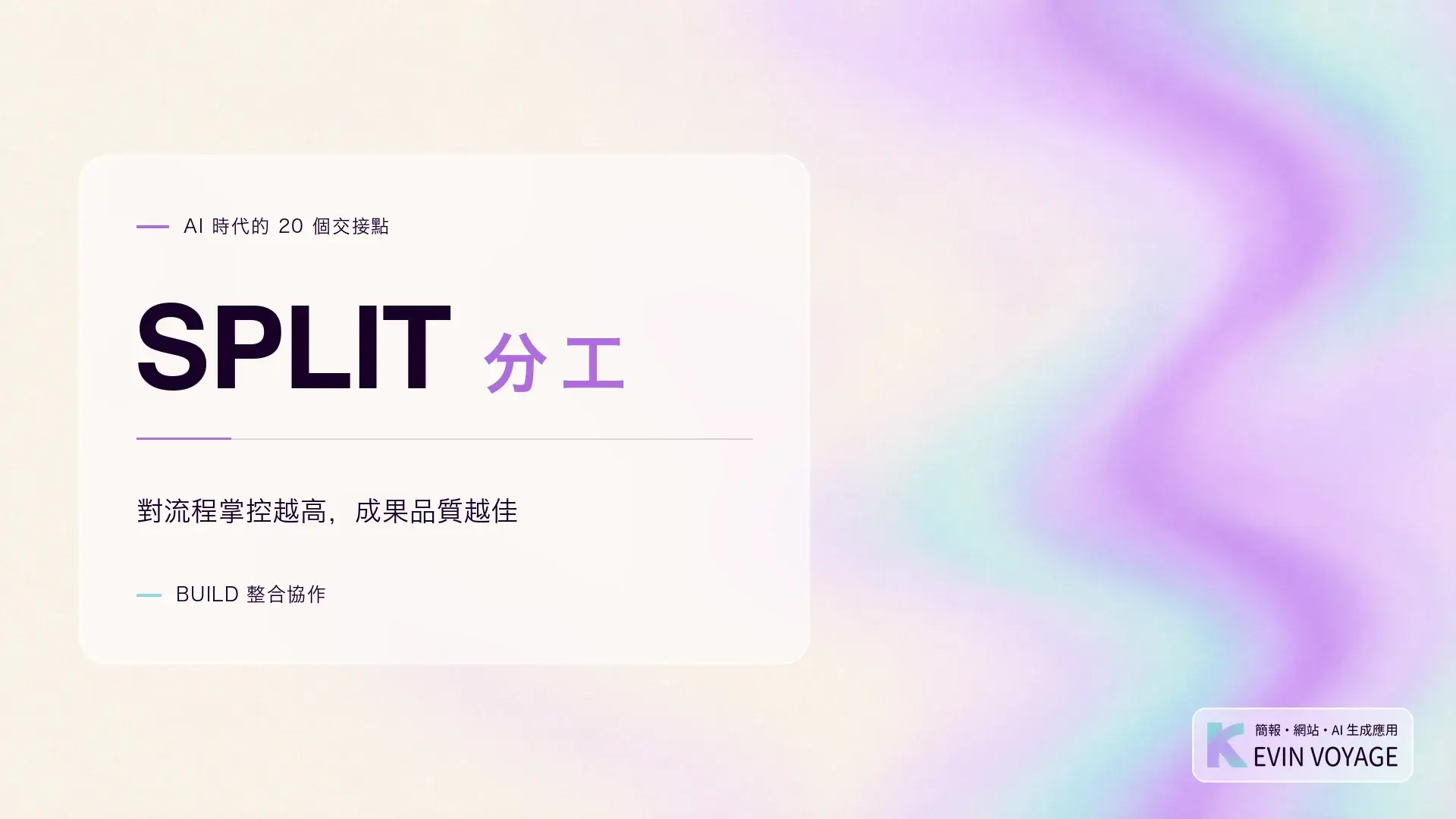 AI 時代的 20 個交接點系列封面,SPLIT 分工,對流程掌控越高,成果品質越佳,BUILD 整合協作組